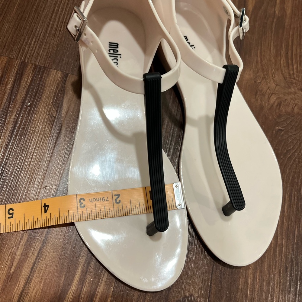 Melissa "Honey Chrome" Cream With Black T-Strap Flats Size S 4 - Picture 7 of 9